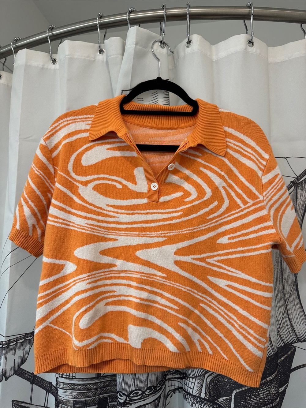 Orange and Cream Swirl Knit Polo Sweater